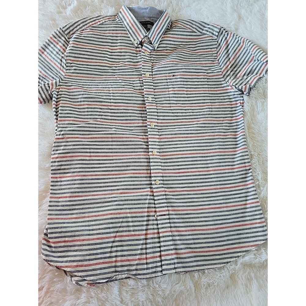 Tommy Hilfiger Shirt 2XL Colorful Striped 100% Cotton Button Up Short Sleeve Men